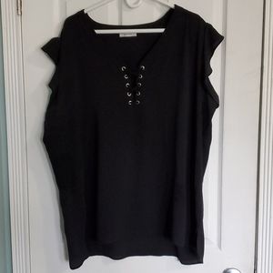 Ruffle sleeve blouse with criss cross detail